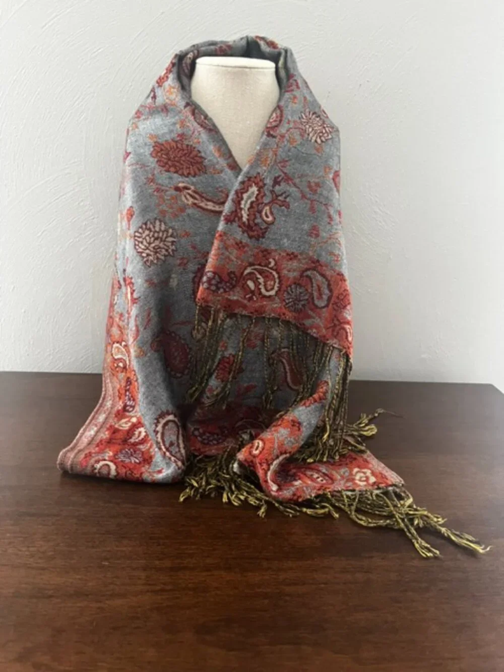 Scarf Wrap Pashmina Paisley Fringe Blue Orange